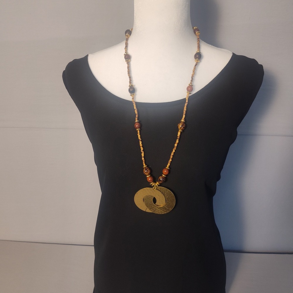 Boho Hammered Gold Double Circle Pendant Beaded Long Necklace Brown Tan 16in